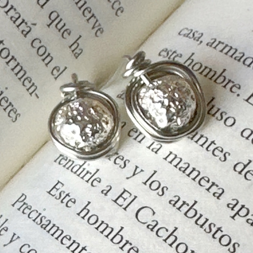 Handmade bohemian Lava rock in metallic silver stud statement earrings